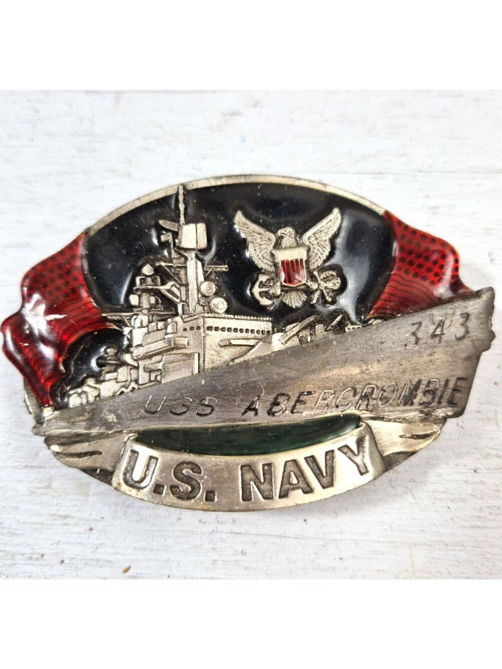 Vintage 1981 Bergamot Brass Works USS Abercrombie FFG-343 Navy Belt Buckle USA